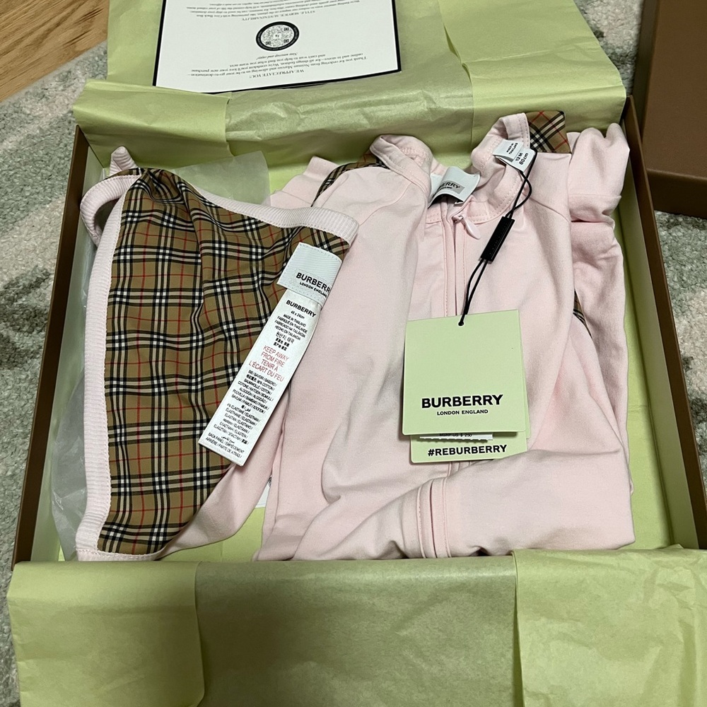 3 piece Burberry baby girl gift set with onesie, bib and hat